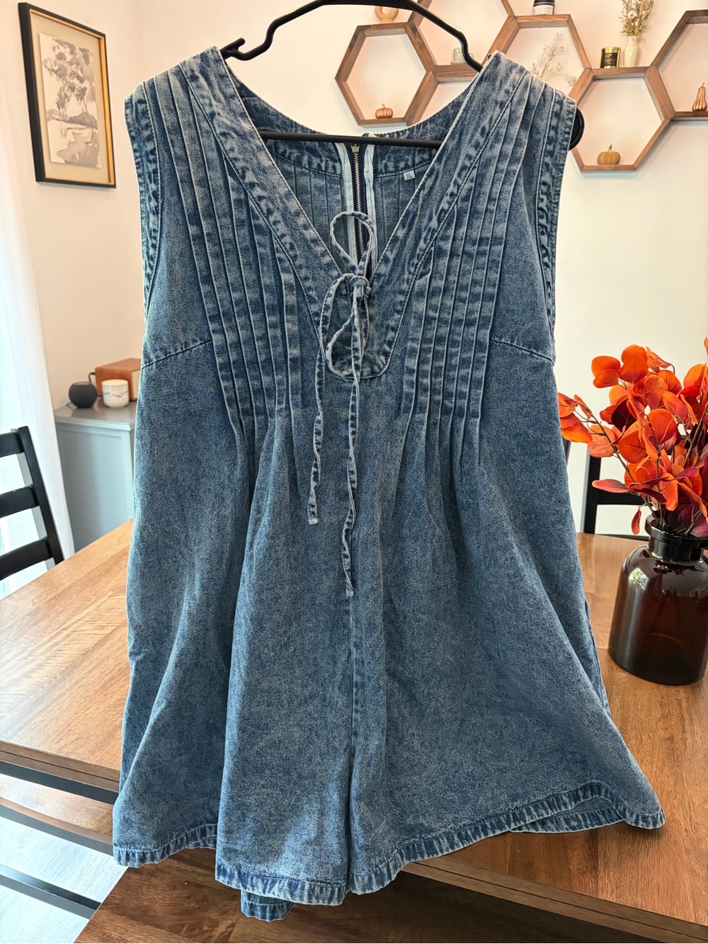 (NEW) Sleeveless Washed Denim Romper with Tie Front Detail